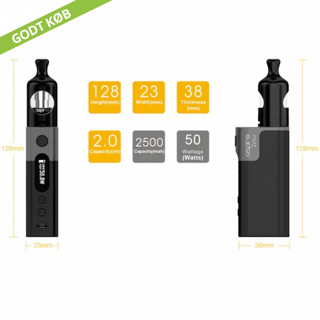 ASPIRE ZELOS KIT 50W 2500 MAH med NAUTILUS 2 tank - køb her!