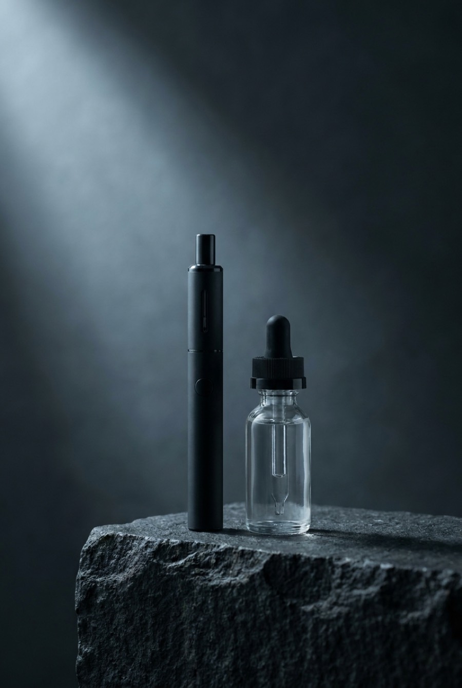 E-cigaret og e-væskeflaske i roligt lys