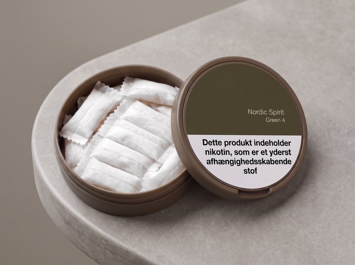 Åben dåse Nordic Spirit Green 4 fyldt med hvide nikotinposer