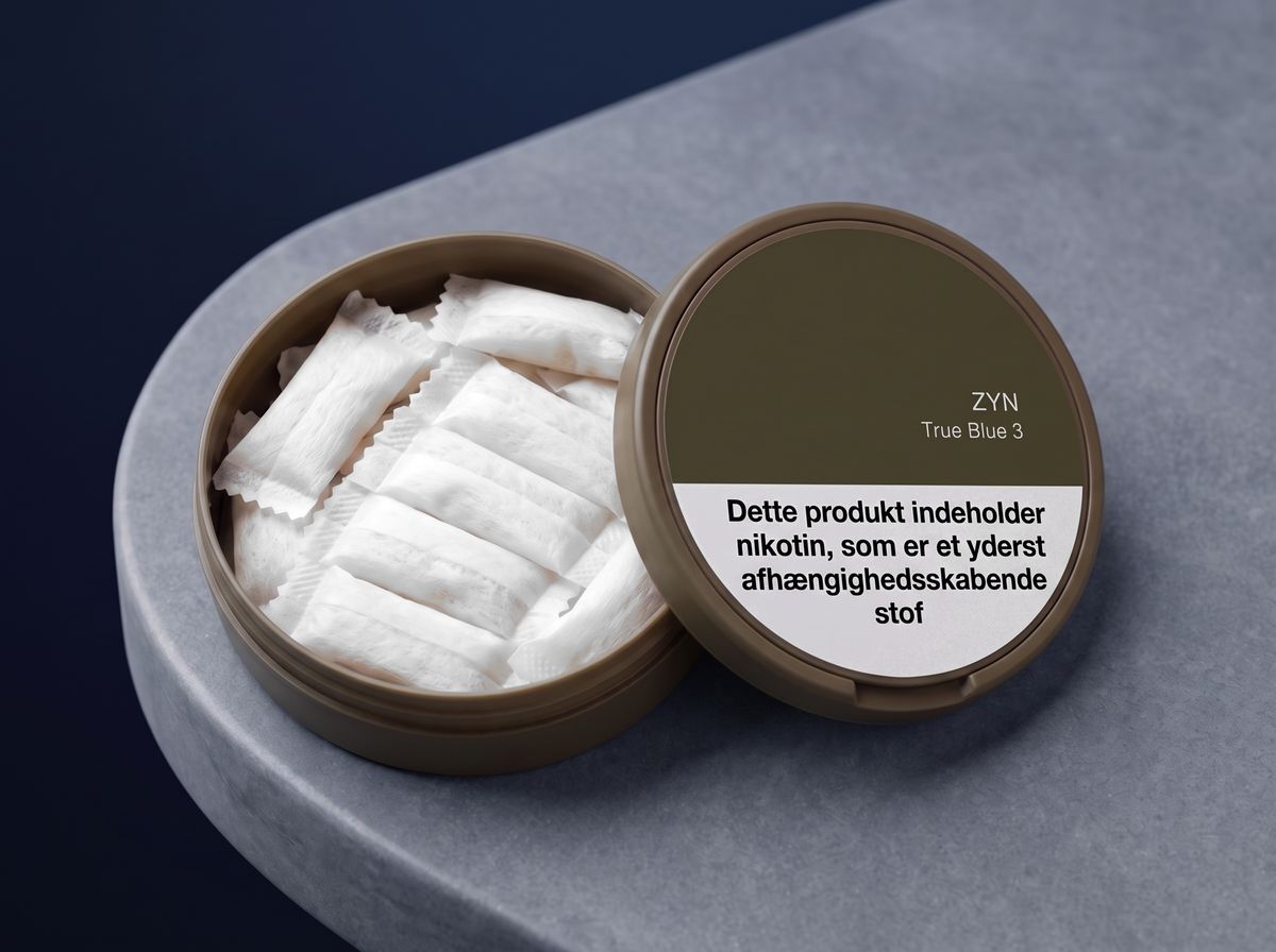 Åben dåse med ZYN True Blue 3 nikotinposer